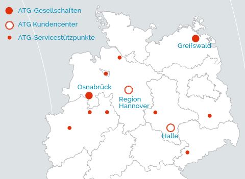 ATG-Standortkarte Region Osnabrück, Hannover, Greifswald und Halle